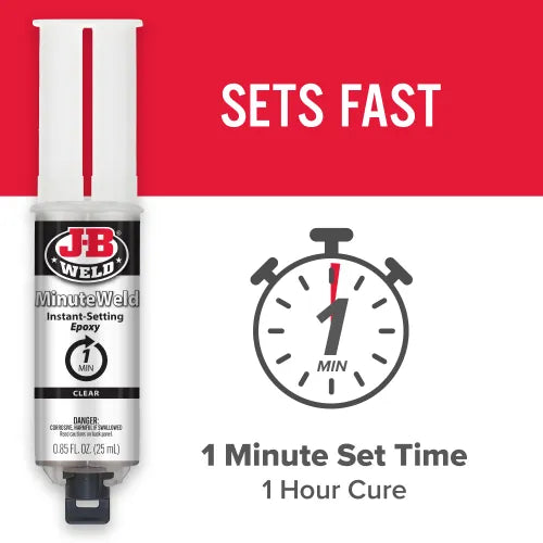 J-B Weld MinuteWeld™ Syringe - 25 ml is designed to adhere to multiple surfaces and can be used on ceramic, tile, glass, stone, most plastics, wood and metal. J-B Weld MinuteWeld™ Syringe - 25 ml is designed to adhere to multiple surfaces and can be used on ceramic, tile, glass, stone, most plastics, wood and metal.